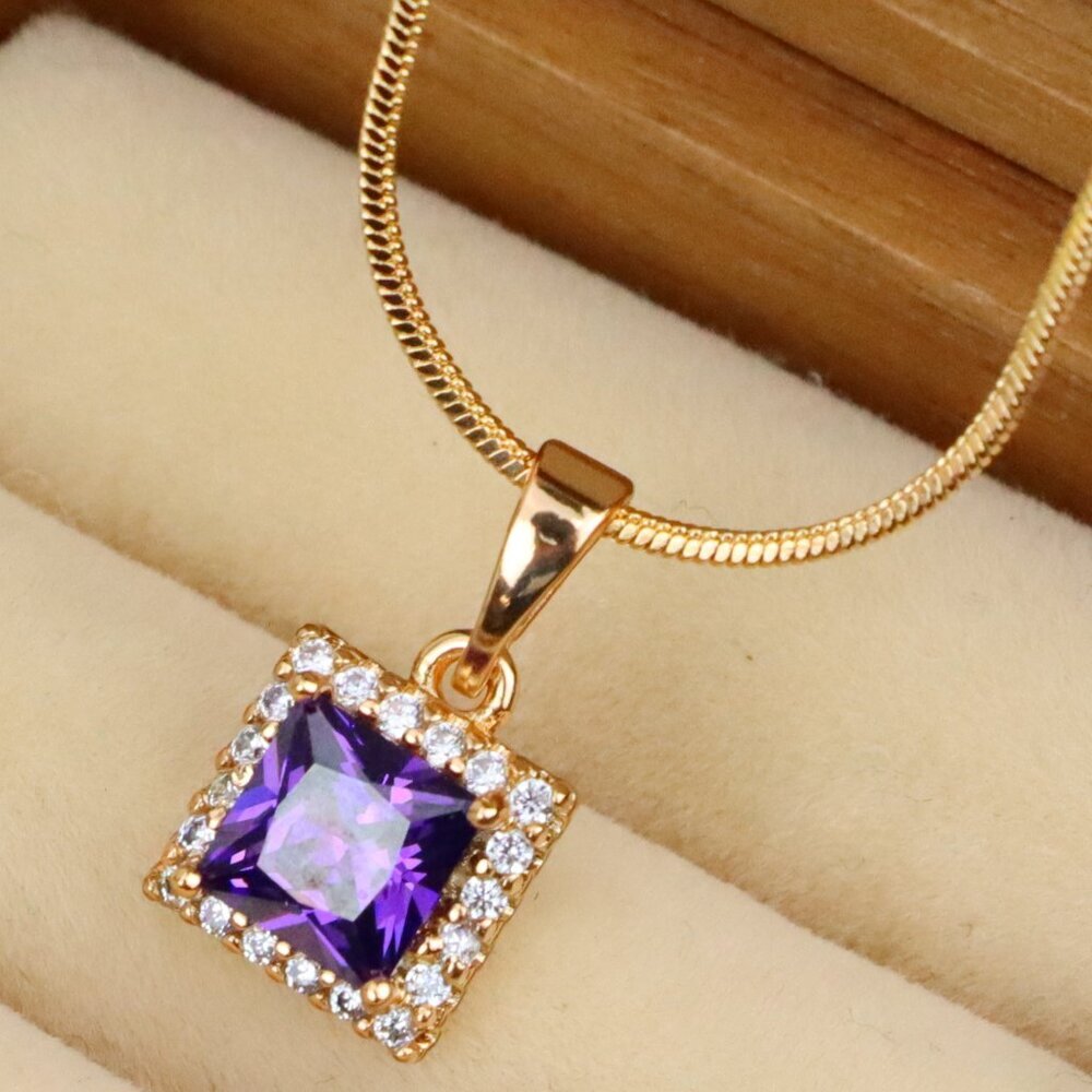 "Rose Gold Pendant with Purple Princess-Cut Stone and Crystal Border, XPPT1277